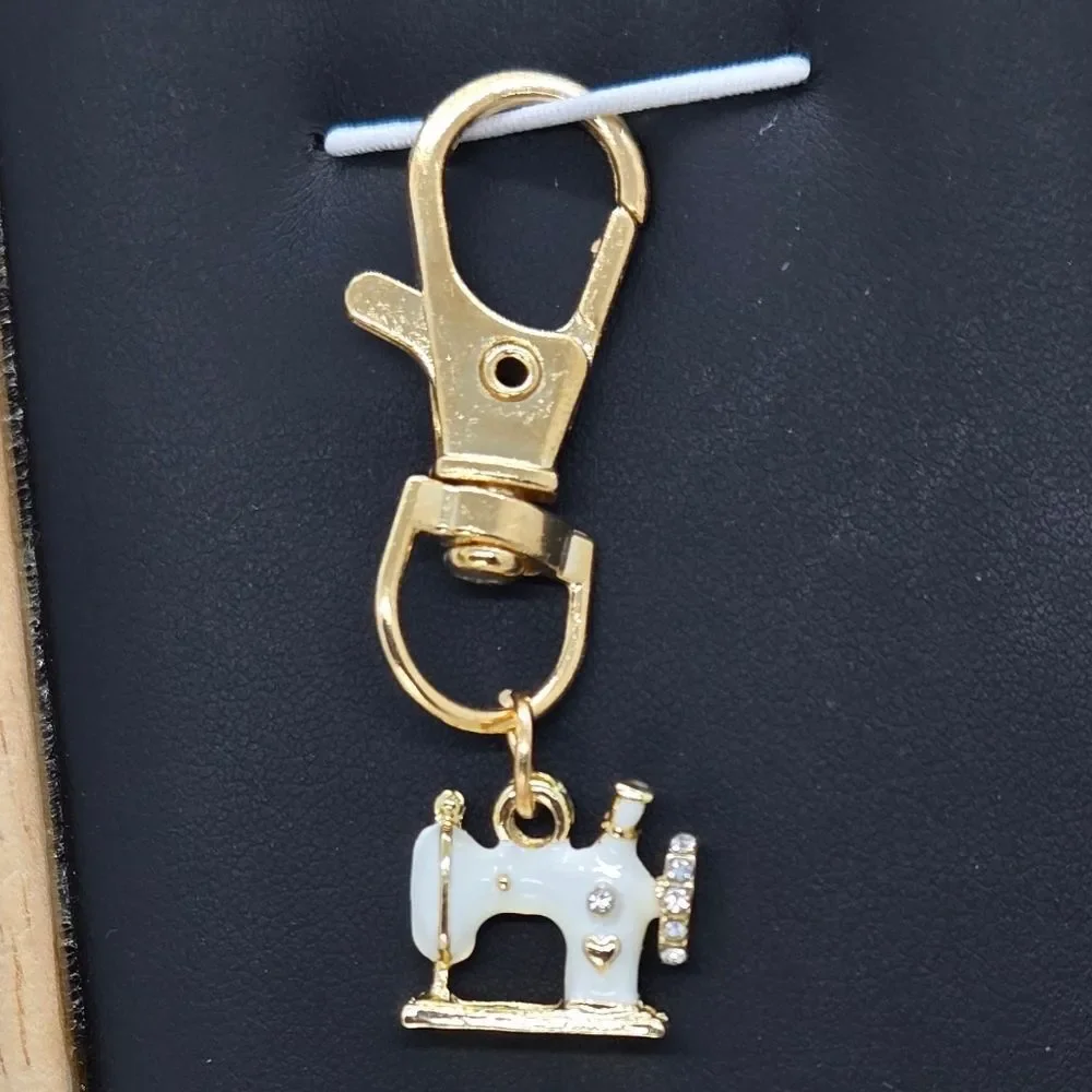 Sewing Machine Keychain | Gold White Enamel Rhinestone Clip NWT Retro Chic Gift